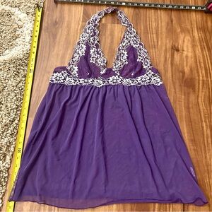 Sheer floral purple lace mesh halter top babydoll nightie chemise lingerie
